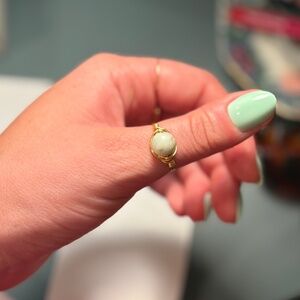 Handmade gold big light green bead metal ring